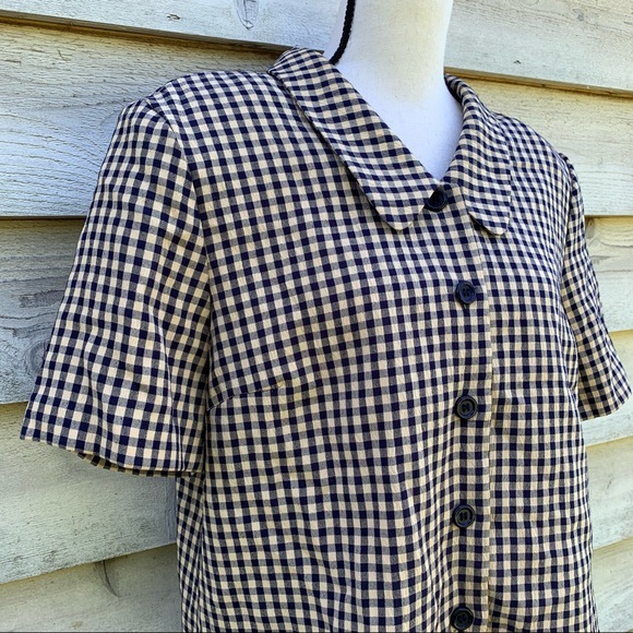 Vintage 80s Gingham Plaid Seersucker Button Up Short Sleeve Peter Pan Collar Top - Picture 4 of 16